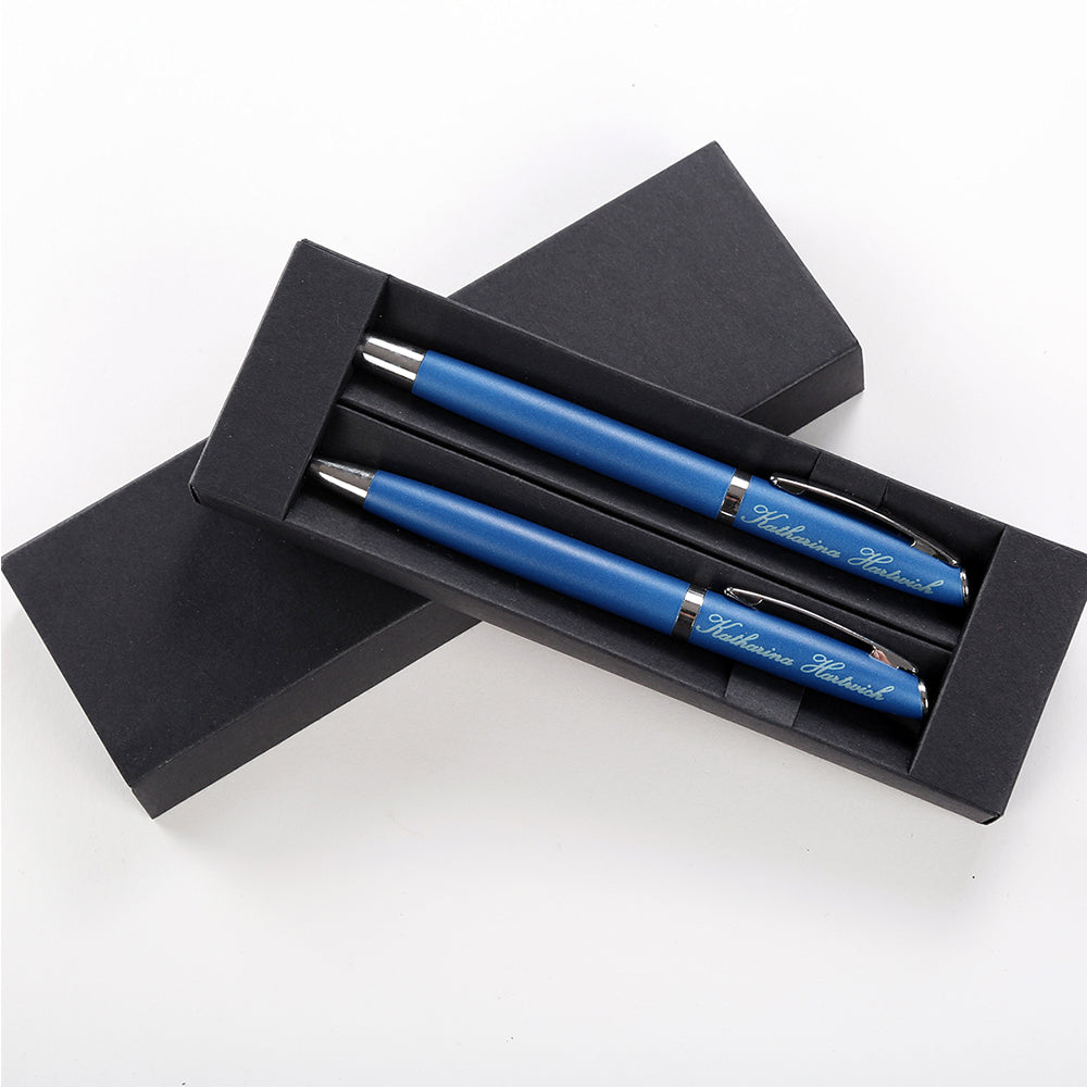 Personalisiertes Schreibset Blau - Aluminium Kugelschreiber & Rollerball mit Gravur