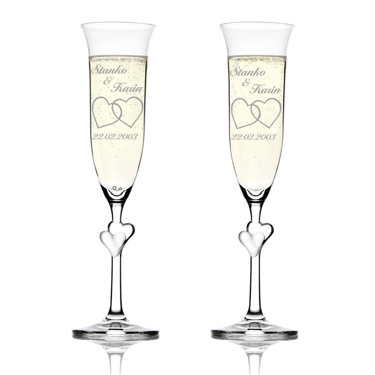 Personalisiertes Sektglas-Set "Doppelherz" – 2 Kristallgläser mit Herz-Stiel und Wunschgravur