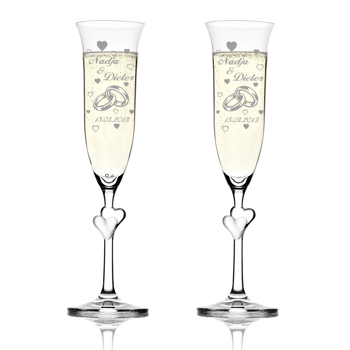 Personalisiertes Sektglas-Set "Ringe & Herzen" – 2 Kristallgläser mit Herz-Stiel und Wunschgravur