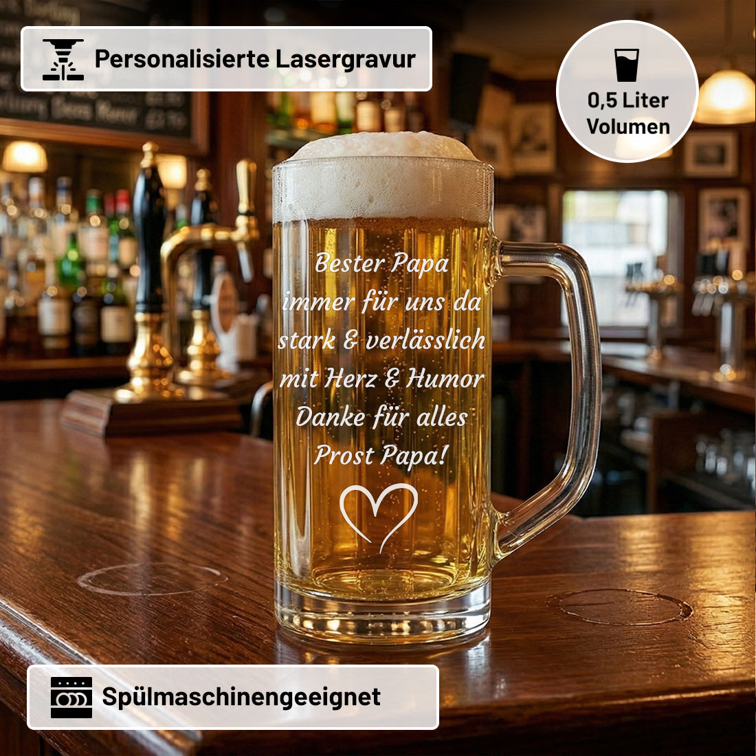 Personalisierter Bierkrug mit Gravur – Wunschtext & Symbol
