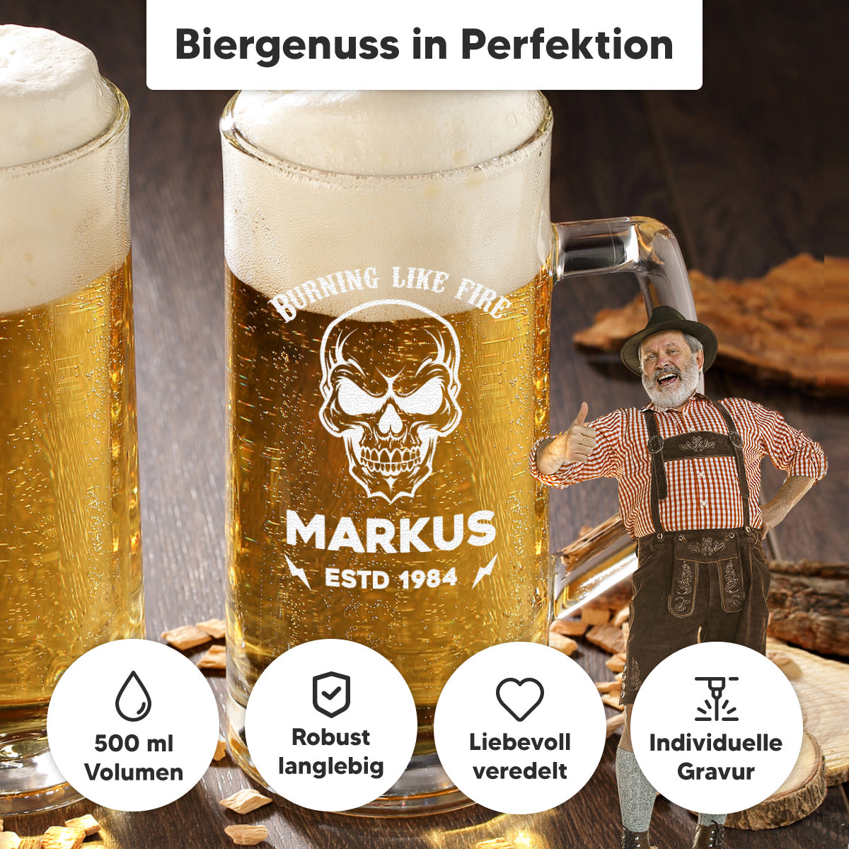 Bierkrug 0,5 Liter und Holzkiste Set mit Totenkopf-Motiv