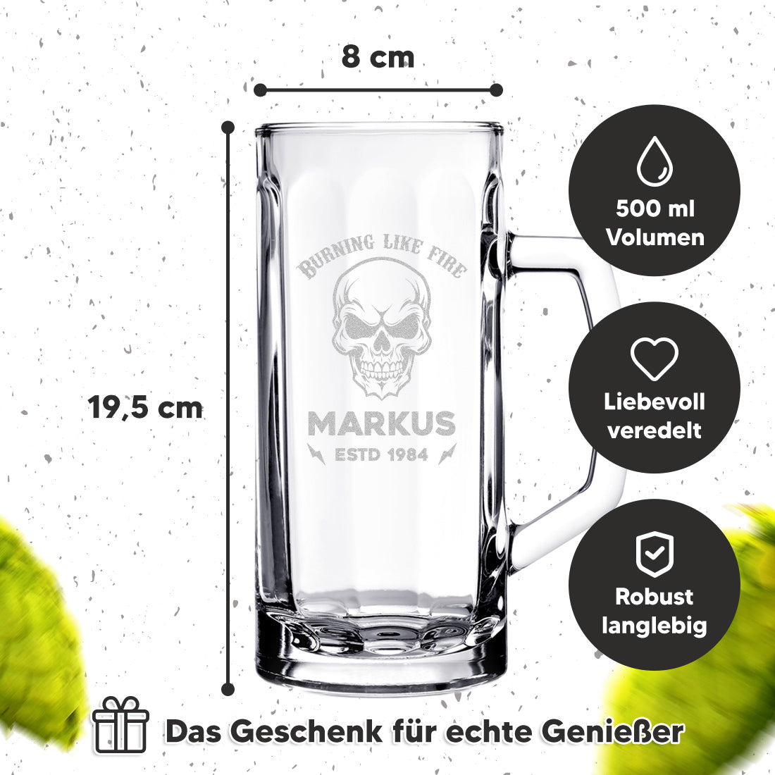 Bierkrug 0,5 Liter und Holzkiste Set mit Totenkopf-Motiv