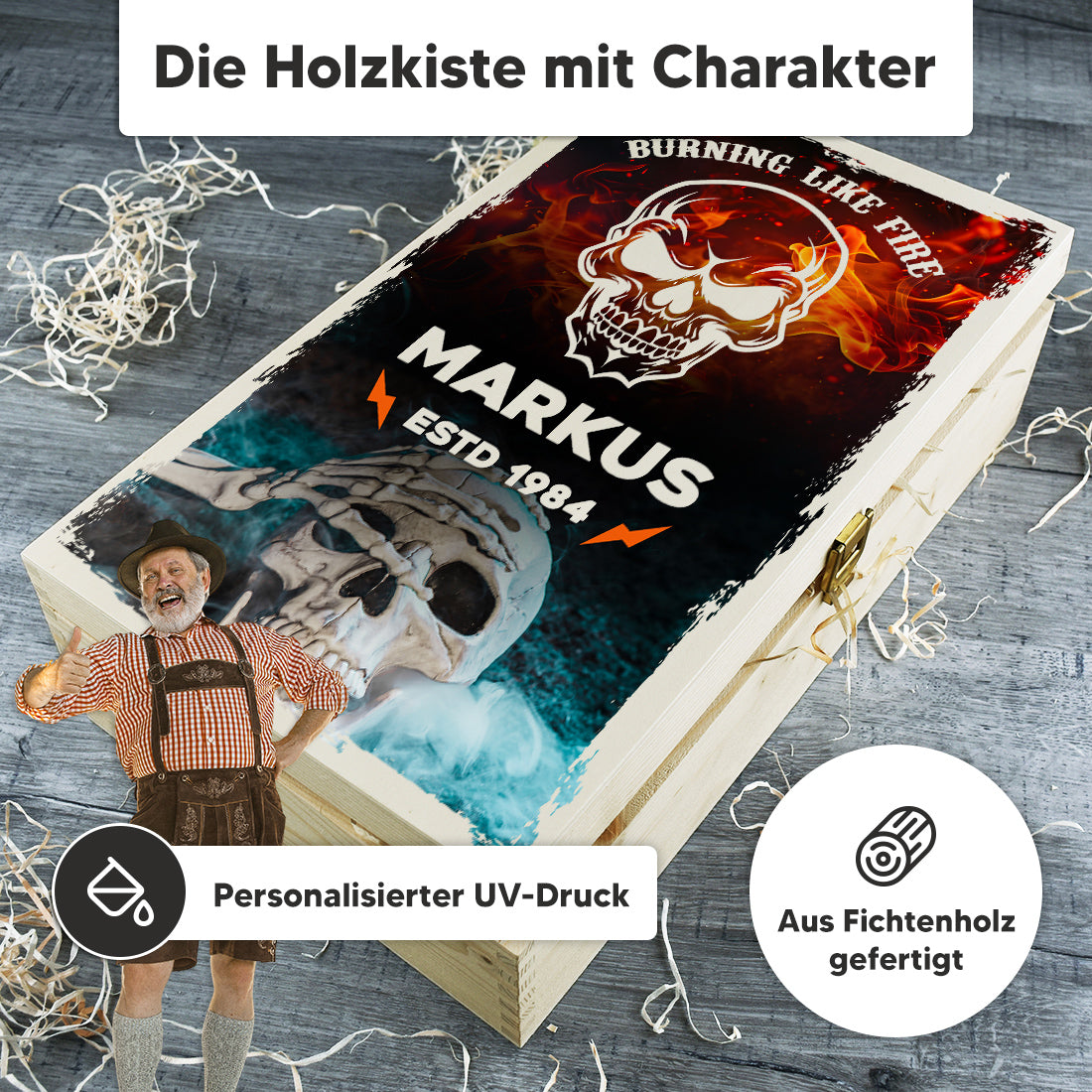 Bierkrug 0,5 Liter und Holzkiste Set mit Totenkopf-Motiv