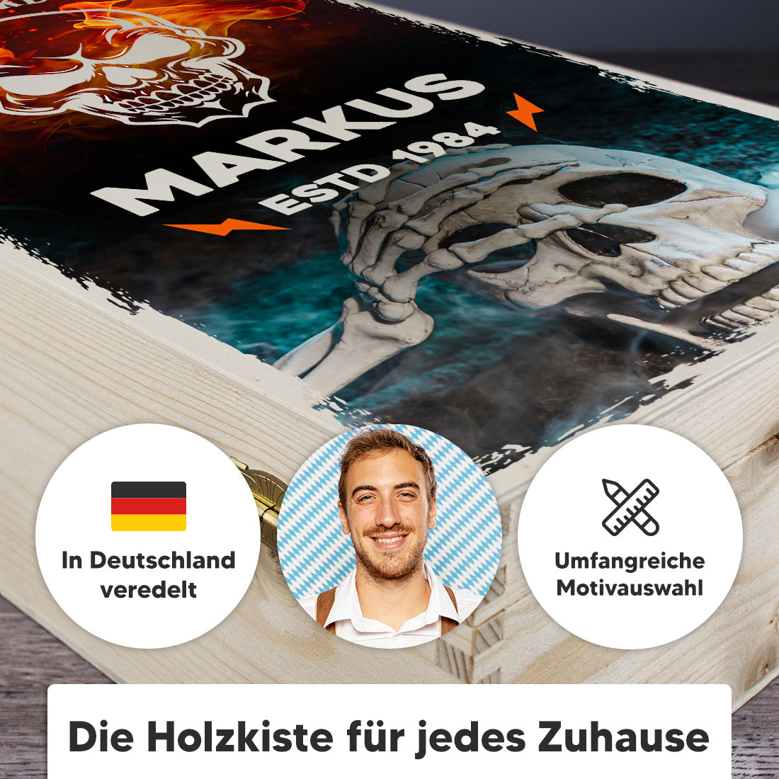 Bierkrug 0,5 Liter und Holzkiste Set mit Totenkopf-Motiv