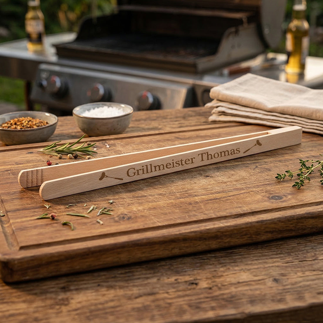 Gravierte Holz-Grillzange mit Grillmeister-Motiv – Nahaufnahme der Lasergravur