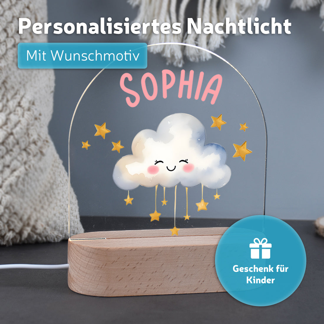 Personalisiertes Nachtlicht leuchtend mit Wunschmotiv Wolke