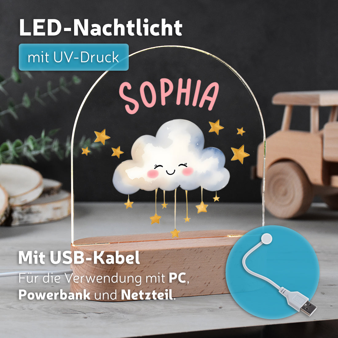 Nachtlicht UV Druck mit USB Kabel mit Motiv Wolke