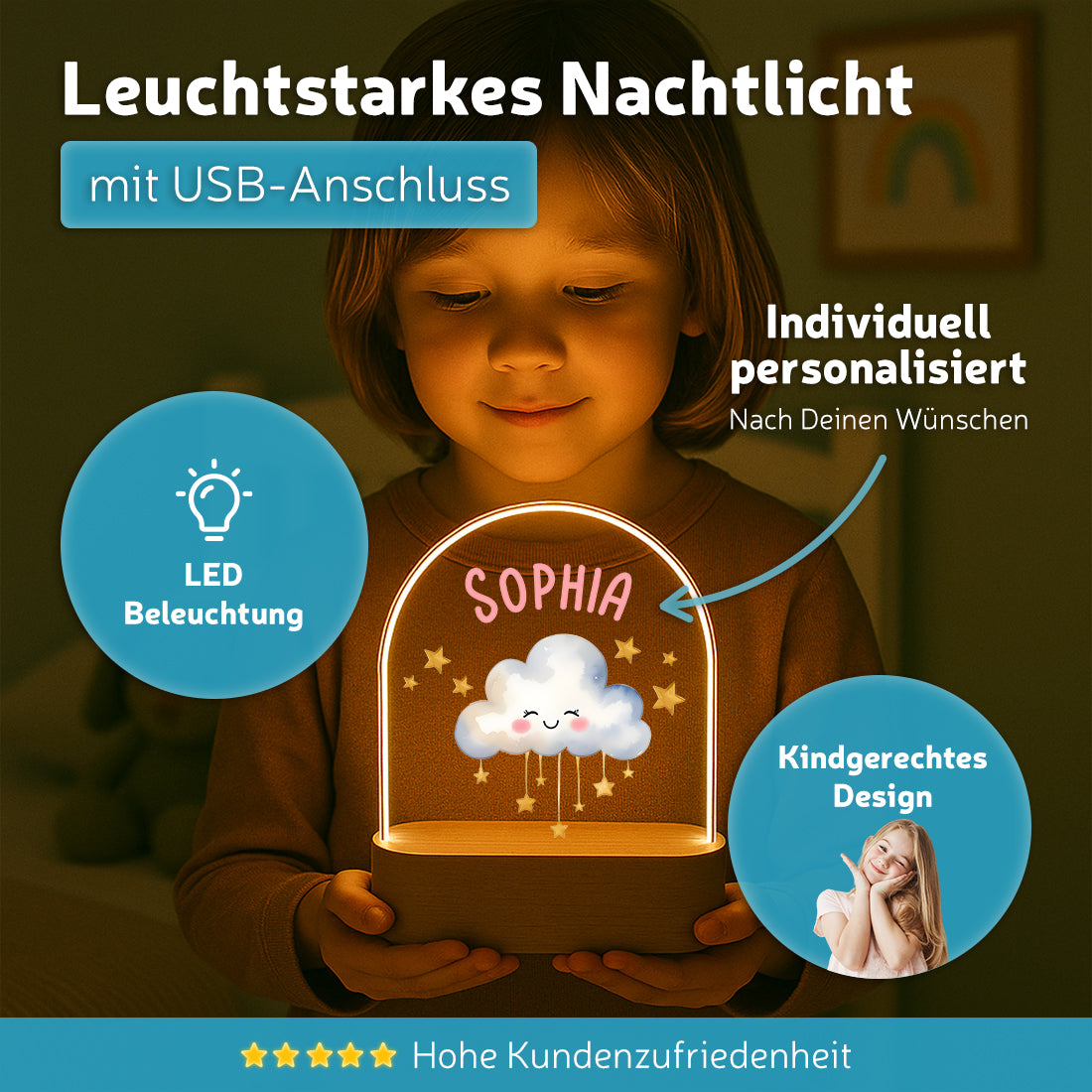 Nachtlicht mit individueller Namensgravur mit Motiv Wolke