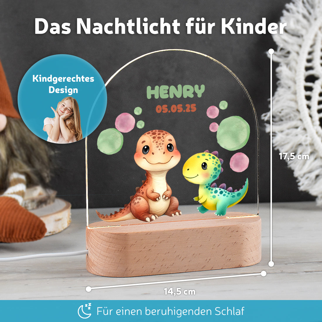 Personalisiertes Dino LED - Nachtlicht mit Namen & Datum