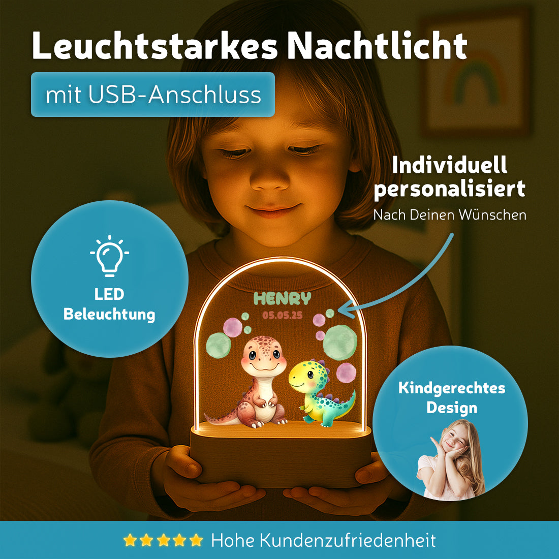 Personalisiertes Dino LED - Nachtlicht mit Namen & Datum