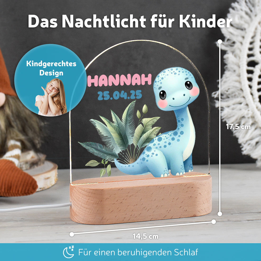 Personalisiertes Dino Nachtlicht – Blauer Dinosaurier mit Name