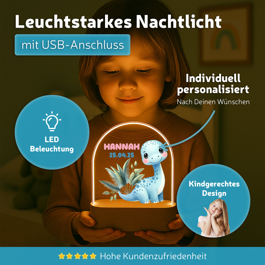 Personalisiertes Dino Nachtlicht – Blauer Dinosaurier mit Name