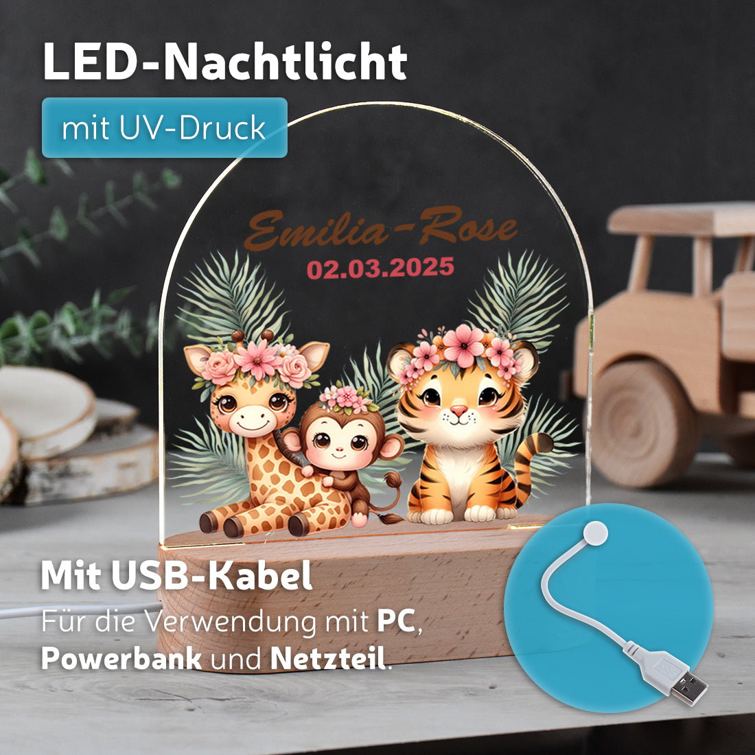 LED-Nachtlicht Safari-Tiere mit Namen – Giraffe, Tiger & Affe