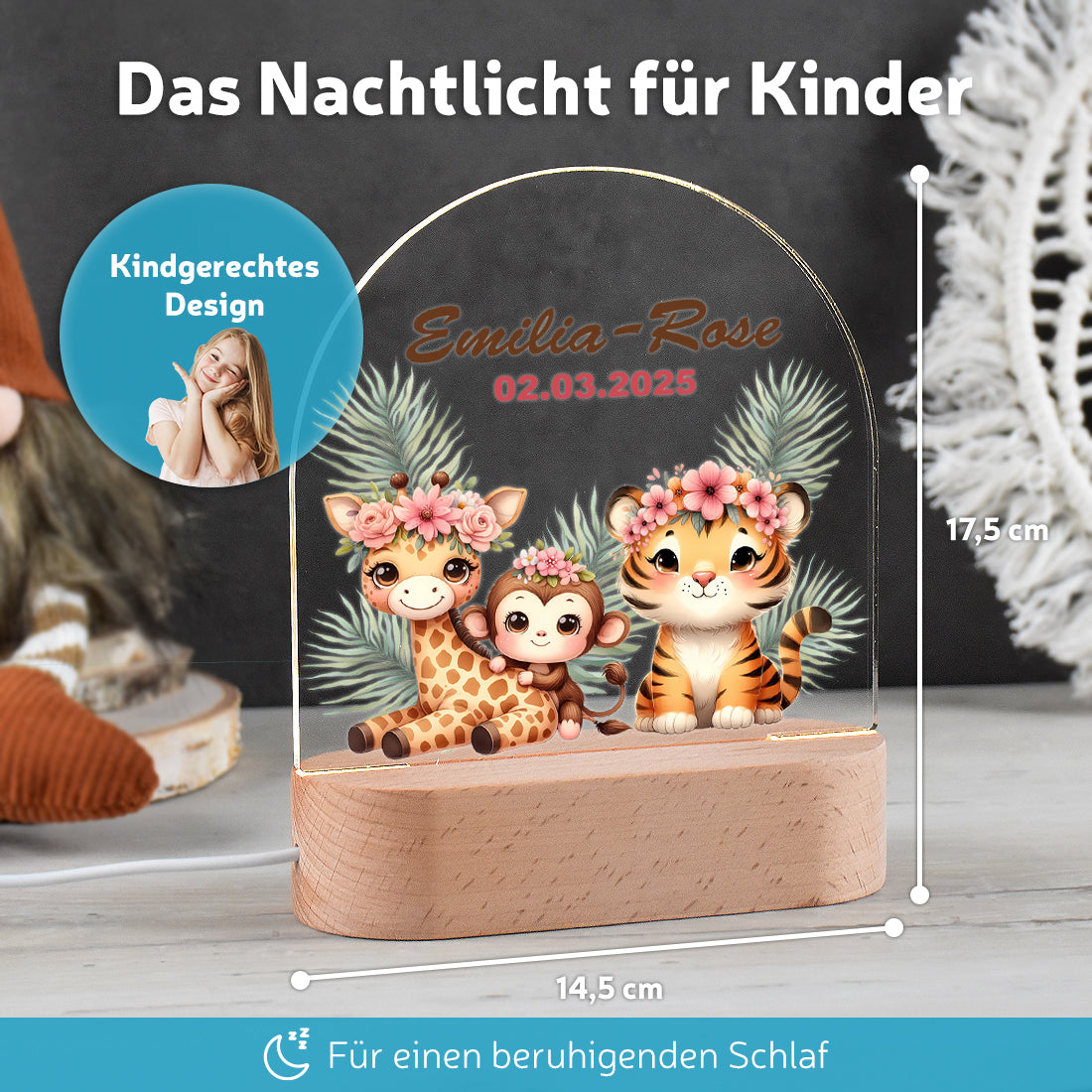 LED-Nachtlicht Safari-Tiere mit Namen – Giraffe, Tiger & Affe