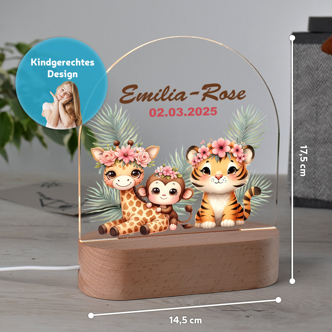 LED-Nachtlicht Safari-Tiere mit Namen – Giraffe, Tiger & Affe