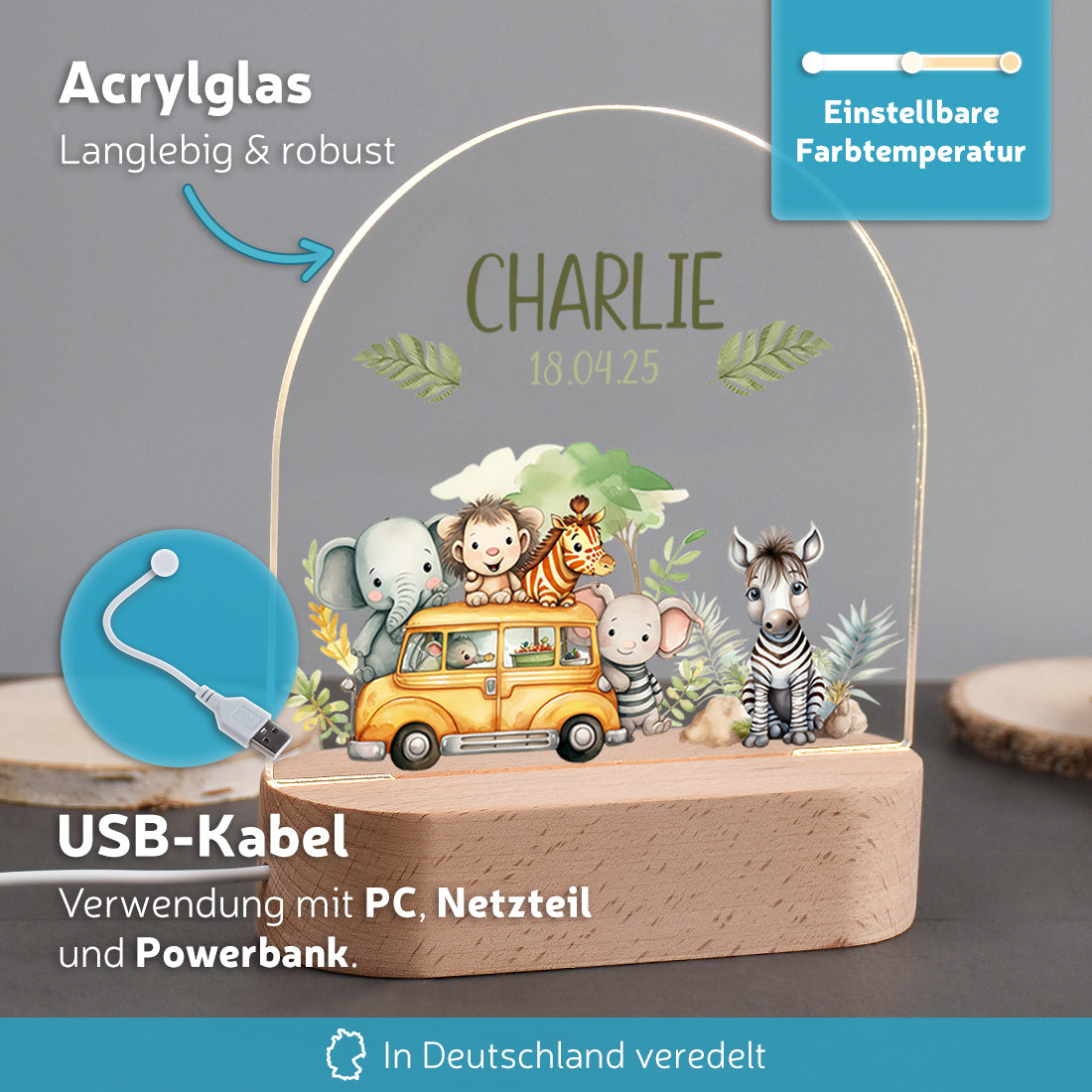 Personalisiertes LED-Nachtlicht Vorteile mit Motiv Safari-Bus