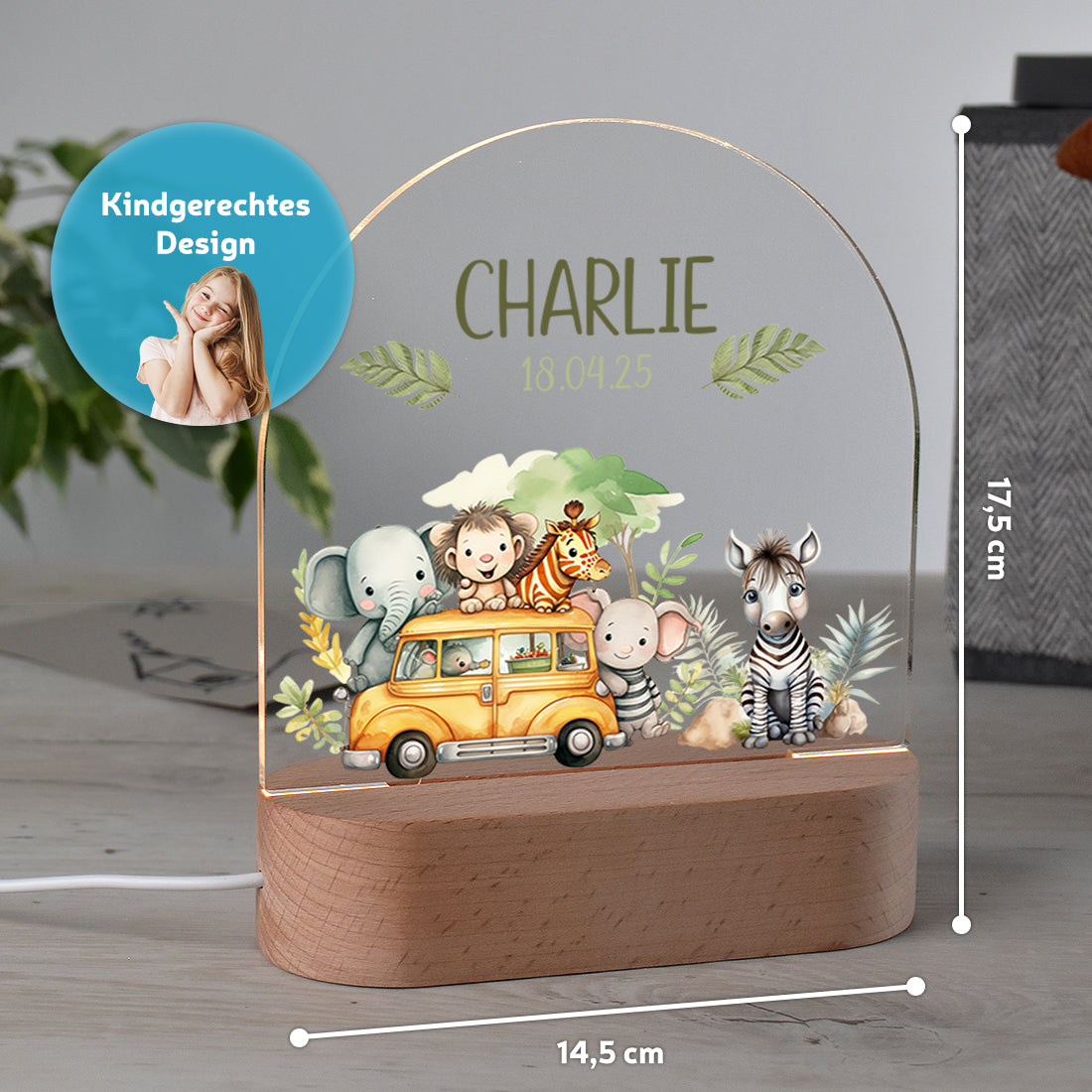 Personalisiertes Nachtlicht Größenangabe mit Motiv Safari-Bus