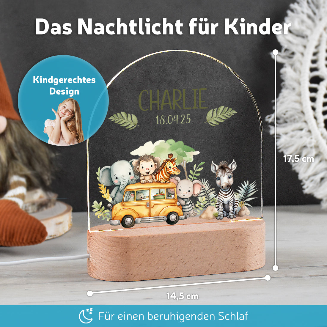 LED-Lampe im Kinderzimmer dekoriert mit Motiv Safari-Bus