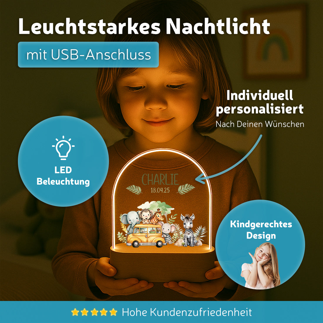 Personalisiertes Nachtlicht leuchtend mit Wunschmotiv Safari-Bus