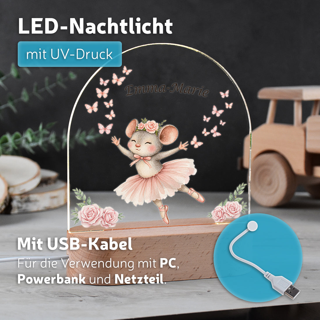 Personalisiertes LED-Nachtlicht "Kleine Ballerina" – Tanzende Maus mit Wunschnamen