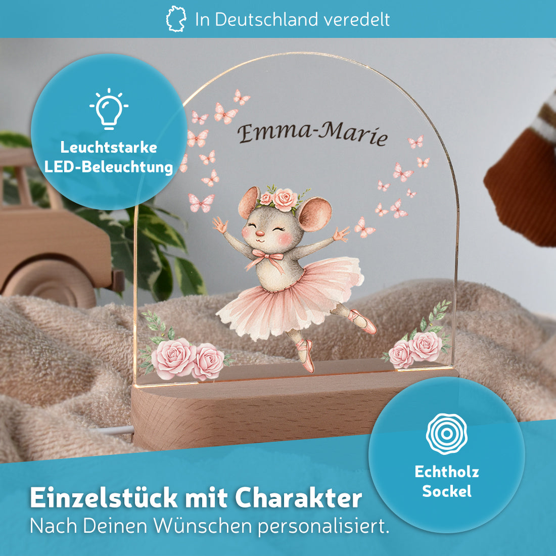 Personalisiertes LED-Nachtlicht "Kleine Ballerina" – Tanzende Maus mit Wunschnamen