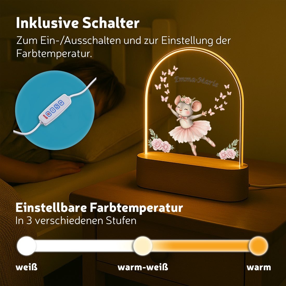 Personalisiertes LED-Nachtlicht "Kleine Ballerina" – Tanzende Maus mit Wunschnamen