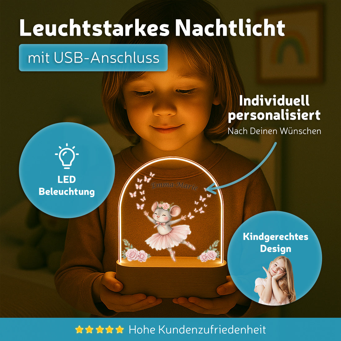 Personalisiertes LED-Nachtlicht "Kleine Ballerina" – Tanzende Maus mit Wunschnamen
