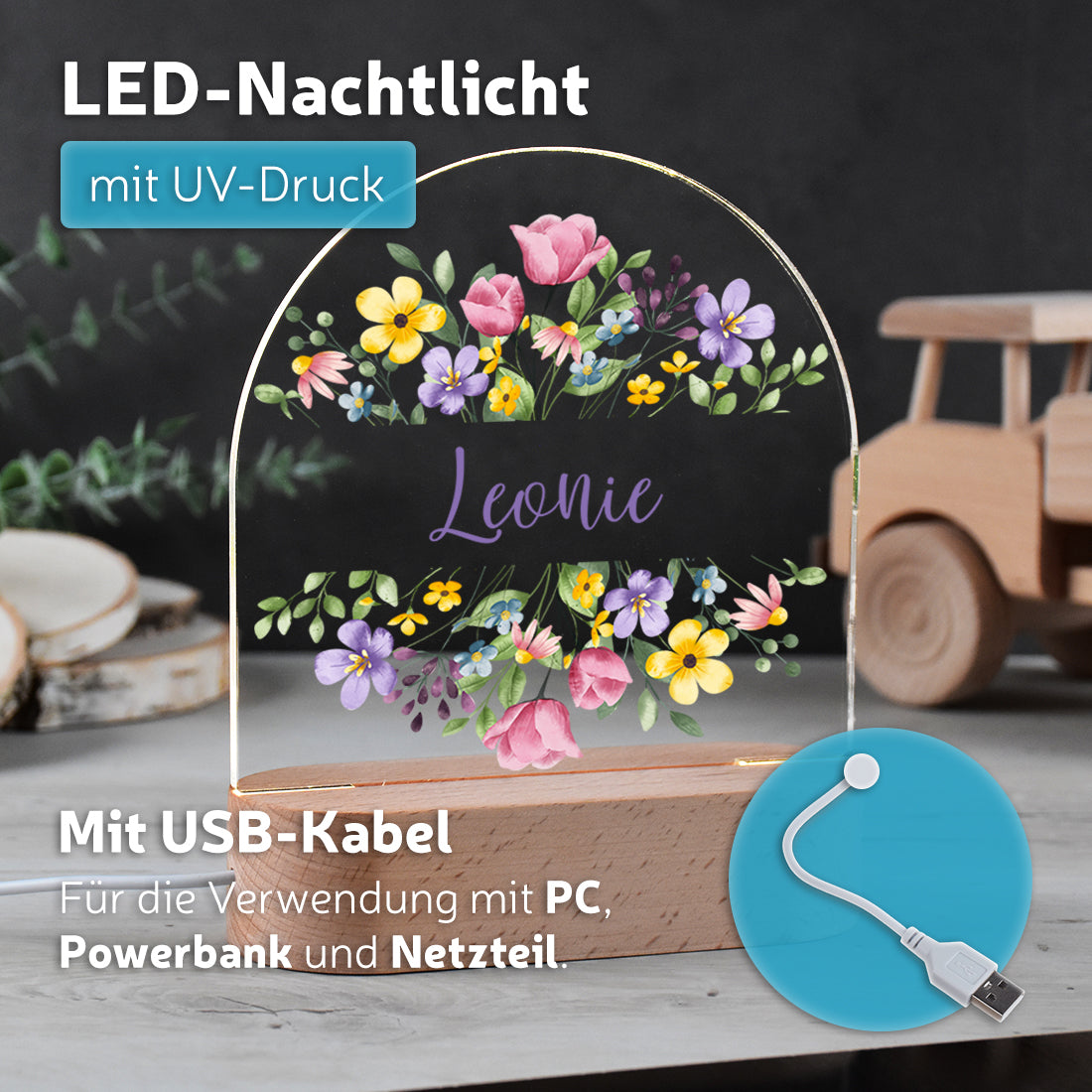 LED-Nachtlicht mit Blumen-Kranz – Personalisiertes Geschenk