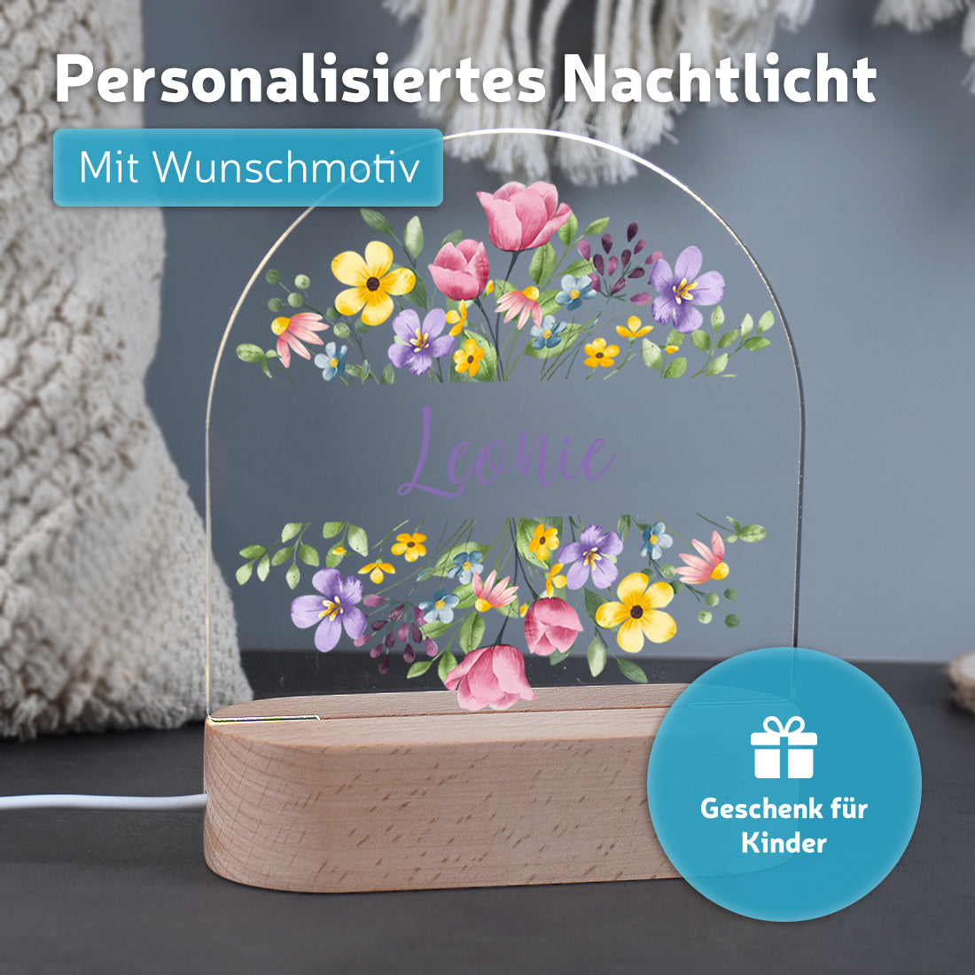 LED-Nachtlicht mit Blumen-Kranz – Personalisiertes Geschenk