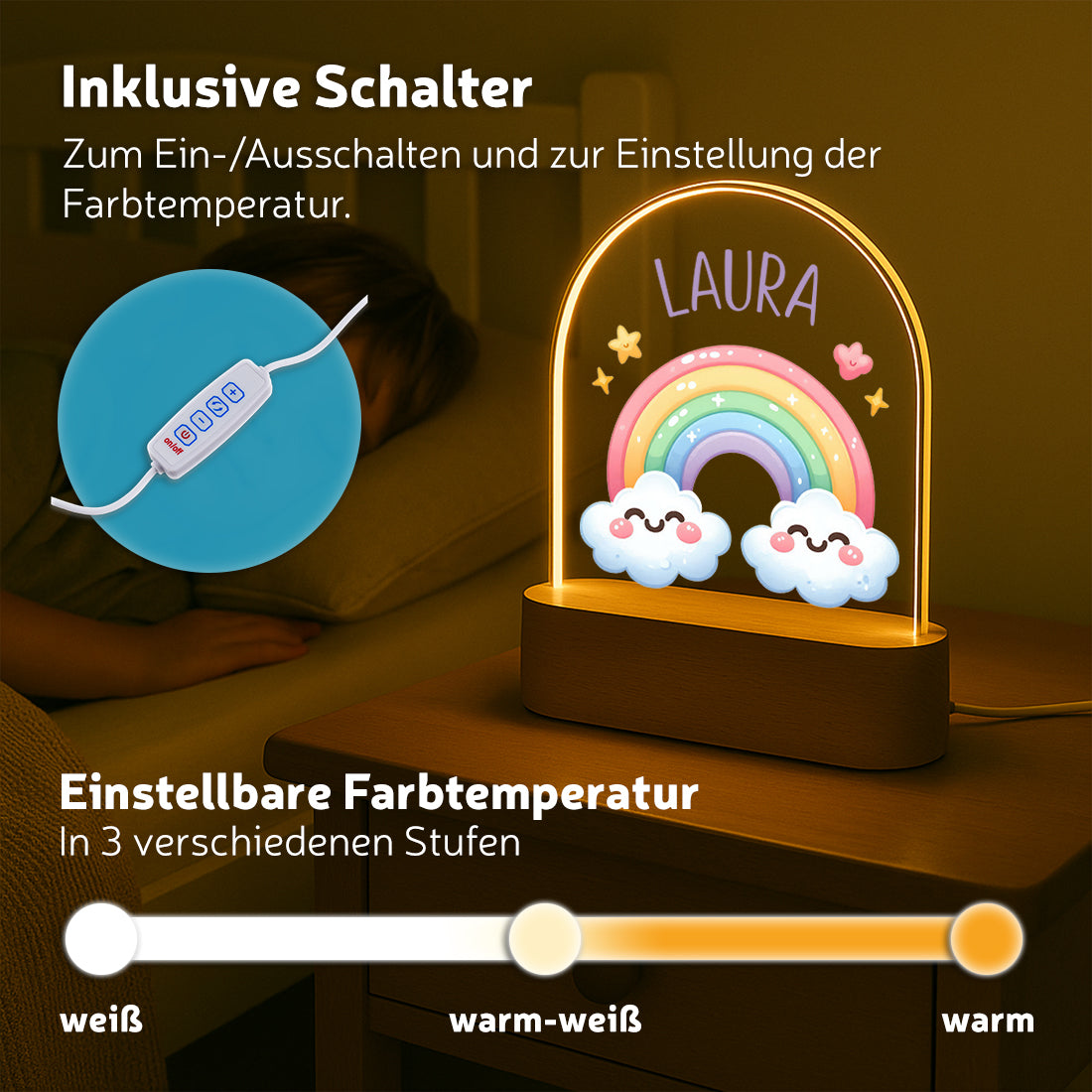 Personalisiertes LED-Nachtlicht "Regenbogen" – Farbenfrohes Schlummerlicht mit Namen