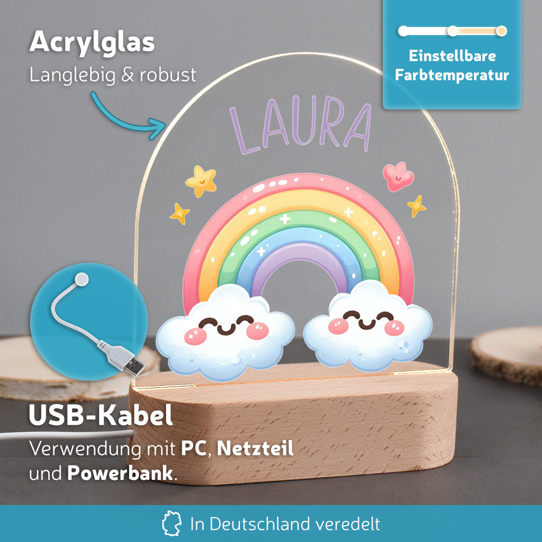 Personalisiertes LED-Nachtlicht "Regenbogen" – Farbenfrohes Schlummerlicht mit Namen