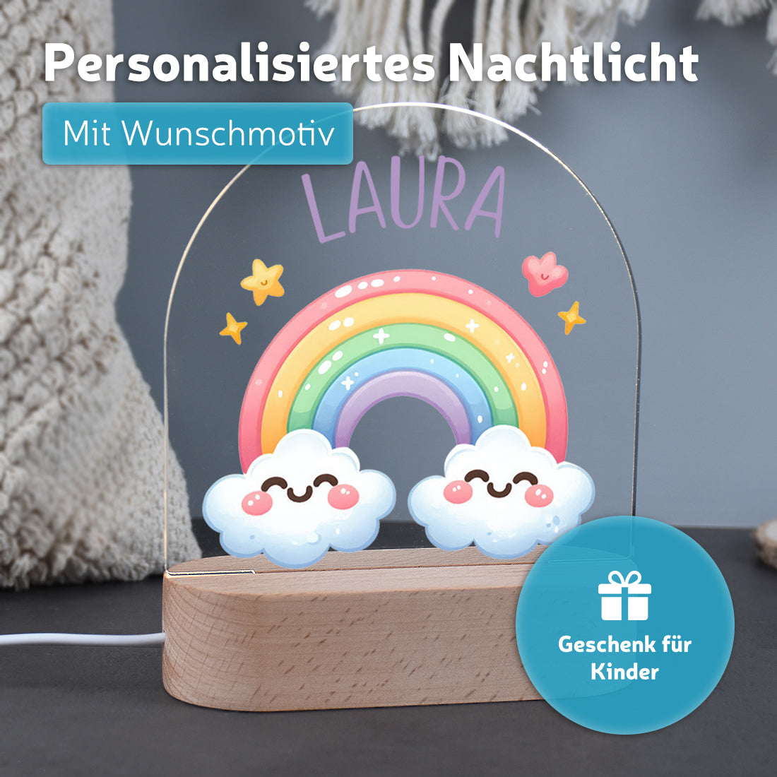 Personalisiertes LED-Nachtlicht "Regenbogen" – Farbenfrohes Schlummerlicht mit Namen