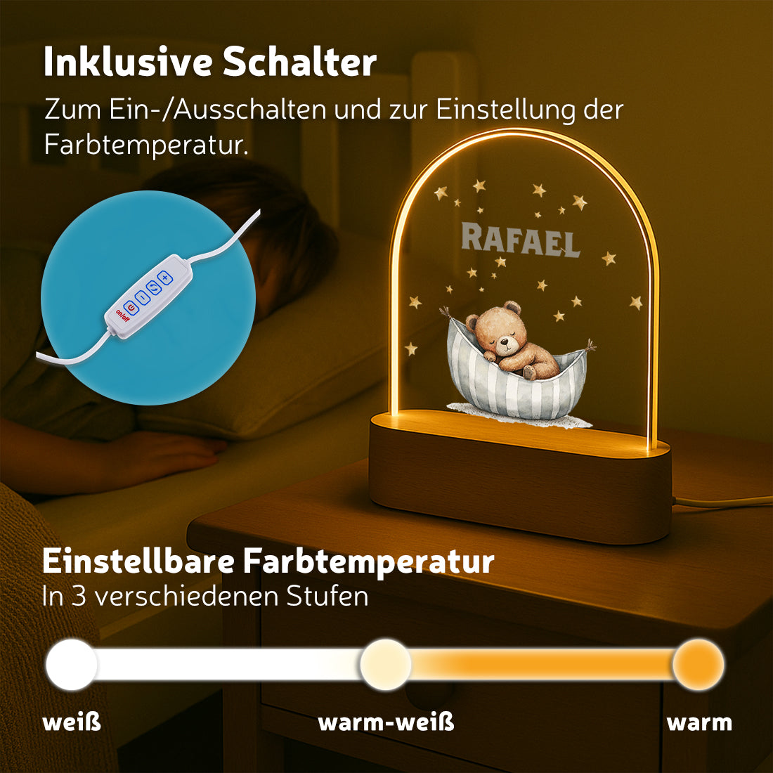 Personalisiertes LED-Nachtlicht "Schlaf gut, kleiner Bär" – Sternenhimmel mit Name