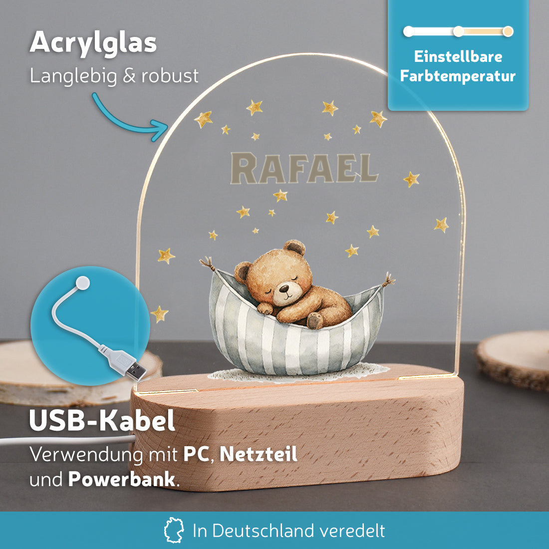 Personalisiertes LED-Nachtlicht "Schlaf gut, kleiner Bär" – Sternenhimmel mit Name