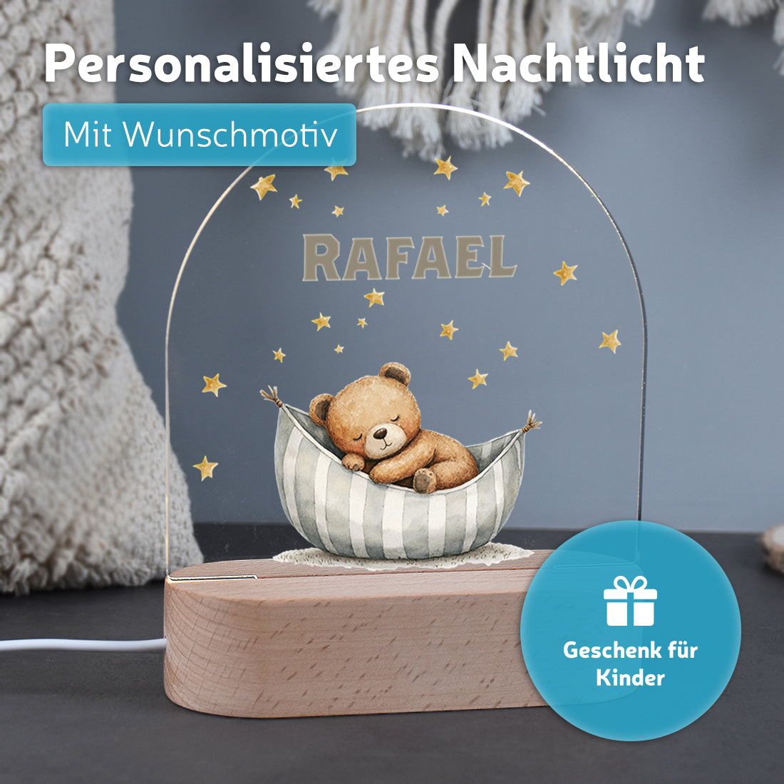 Personalisiertes LED-Nachtlicht "Schlaf gut, kleiner Bär" – Sternenhimmel mit Name