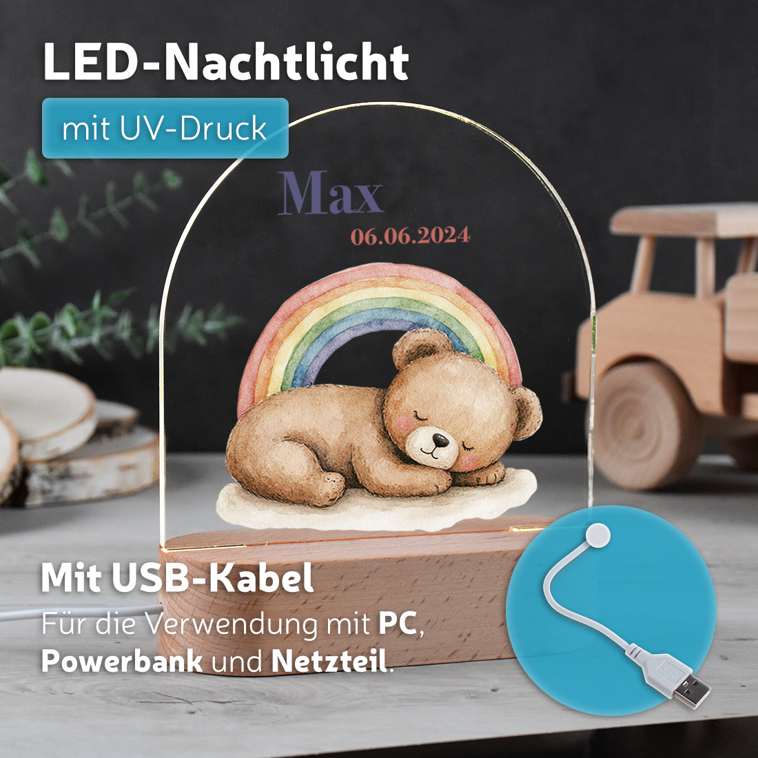Personalisiertes LED-Nachtlicht für Kinder – Motiv Bär & Regenbogen
