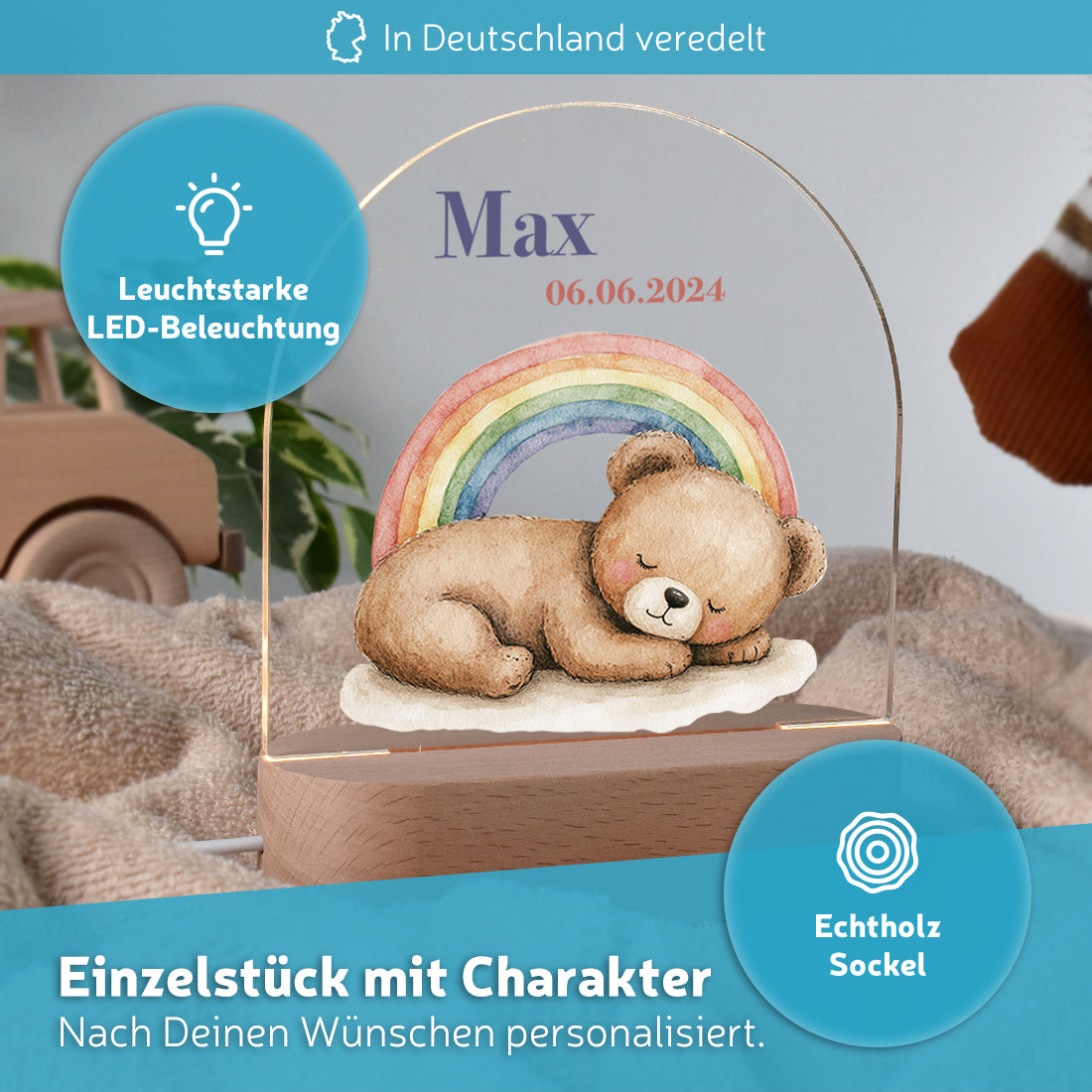 Personalisiertes LED-Nachtlicht für Kinder – Motiv Bär & Regenbogen