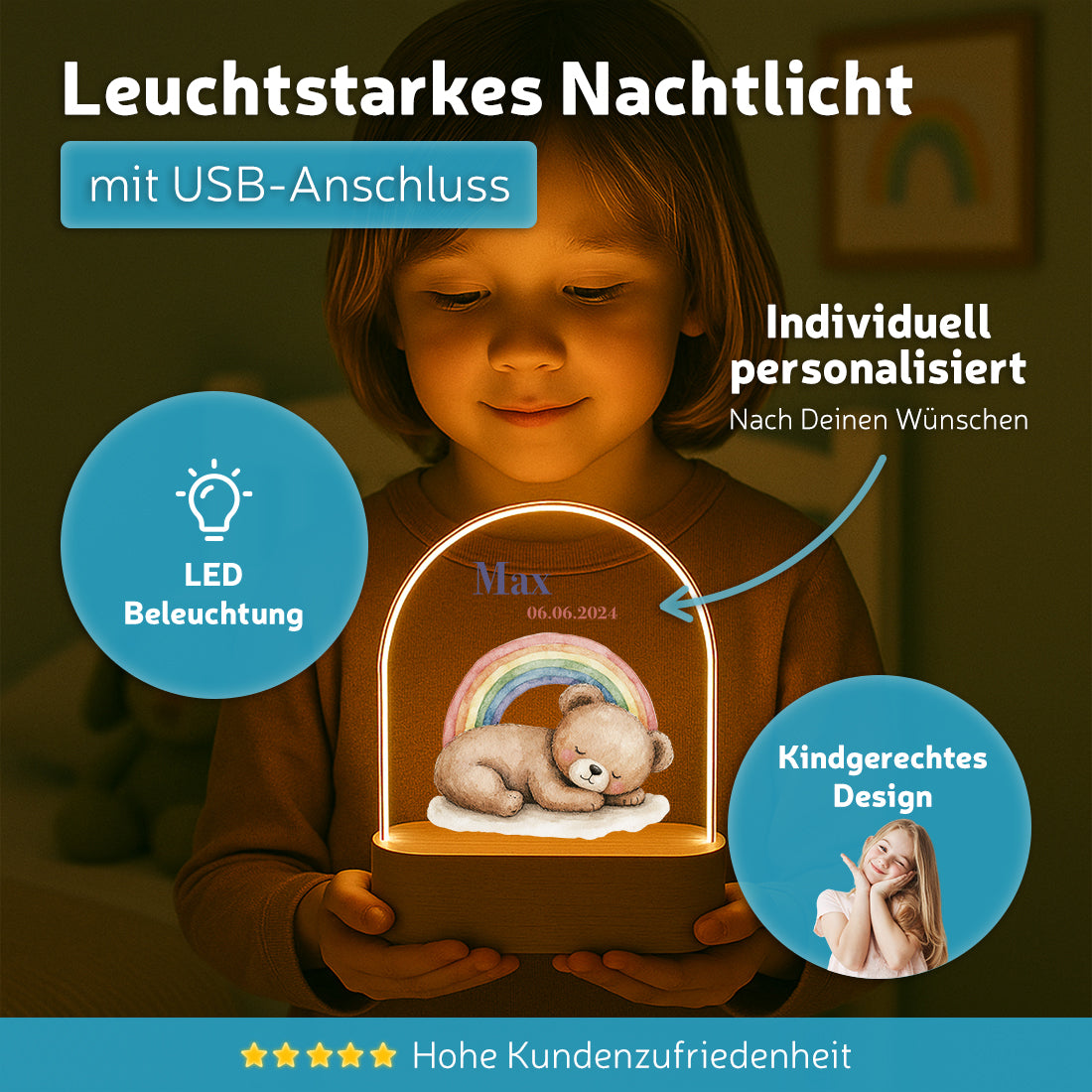 Personalisiertes LED-Nachtlicht für Kinder – Motiv Bär & Regenbogen