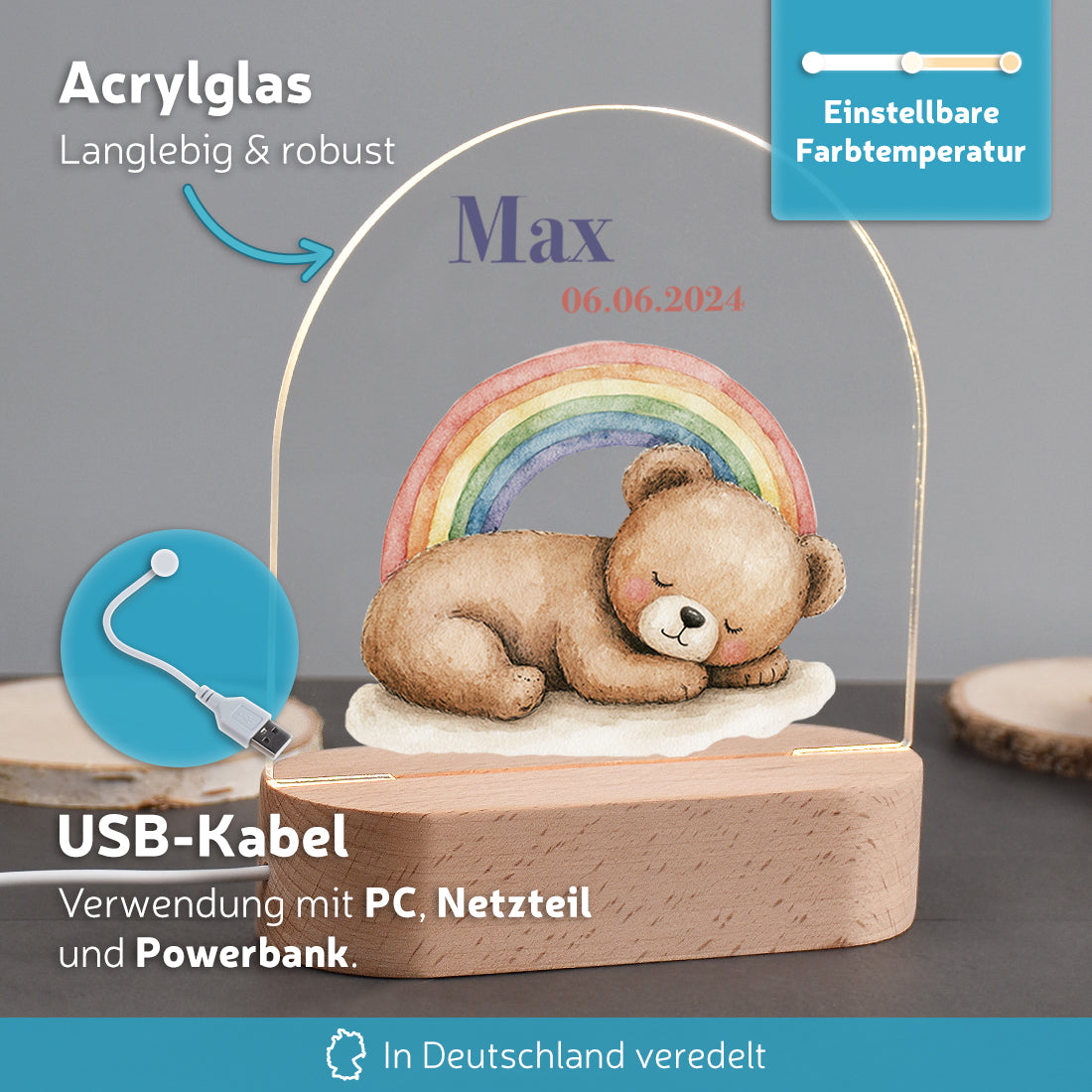 Personalisiertes LED-Nachtlicht für Kinder – Motiv Bär & Regenbogen