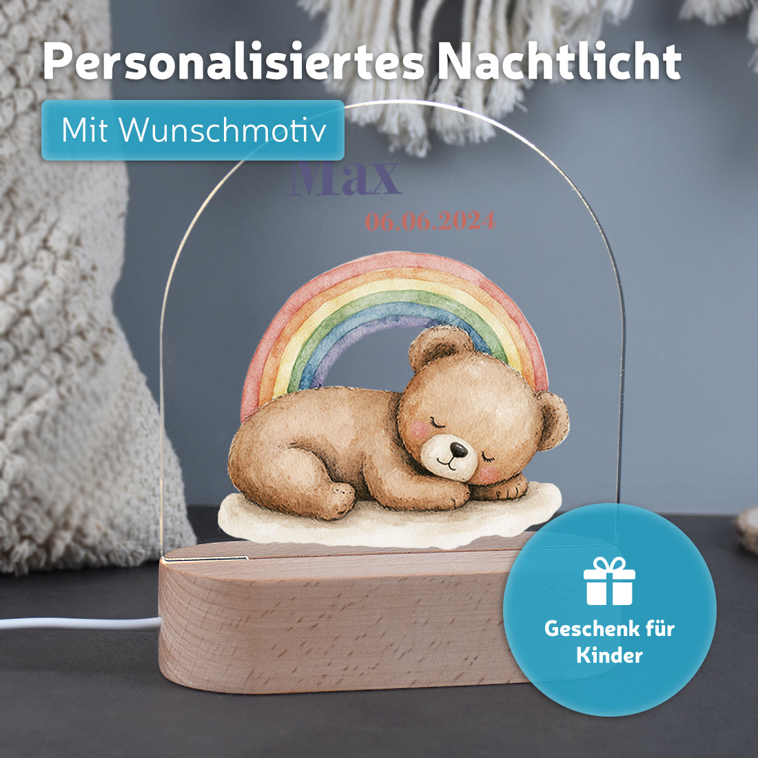 Personalisiertes LED-Nachtlicht für Kinder – Motiv Bär & Regenbogen
