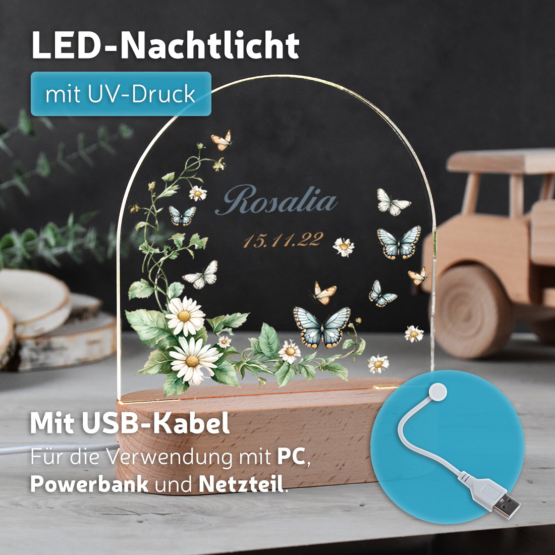 Personalisiertes Nachtlicht leuchtend mit Wunschmotiv Schmetterlingstraum