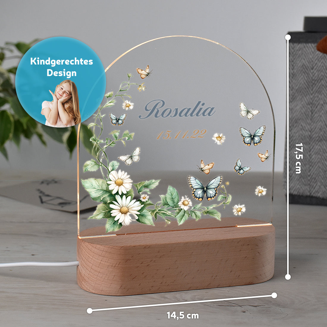 Personalisiertes Nachtlicht Größenangabe mit Motiv Schmetterlingstraum