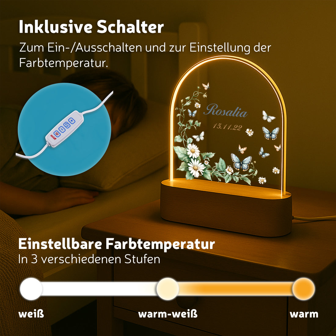 LED-Nachtlicht verschiedene Lichtmodi mit Motiv Schmetterlingstraum
