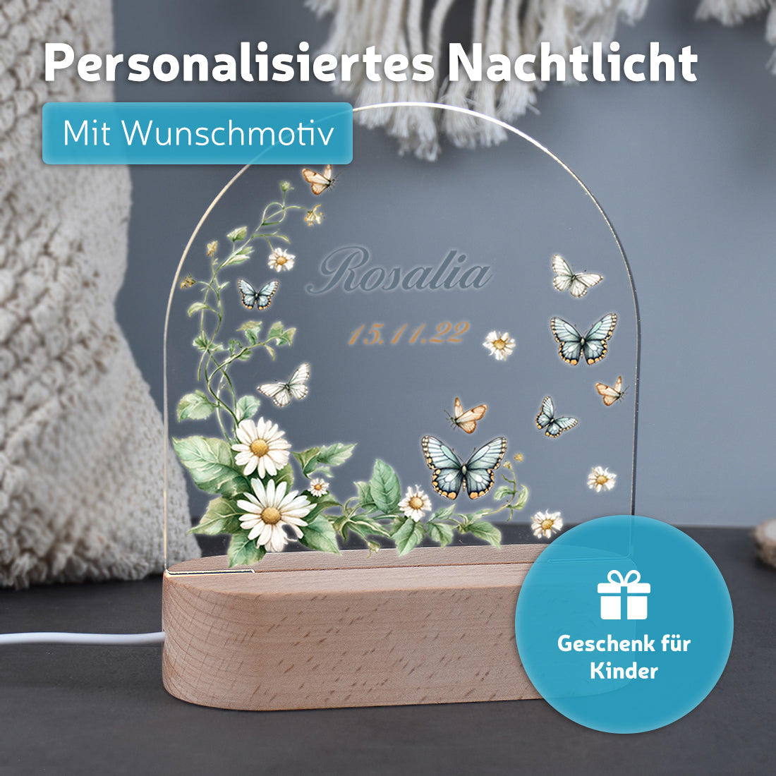 Nachtlicht mit individueller Namensgravur mit Motiv Schmetterlingstraum