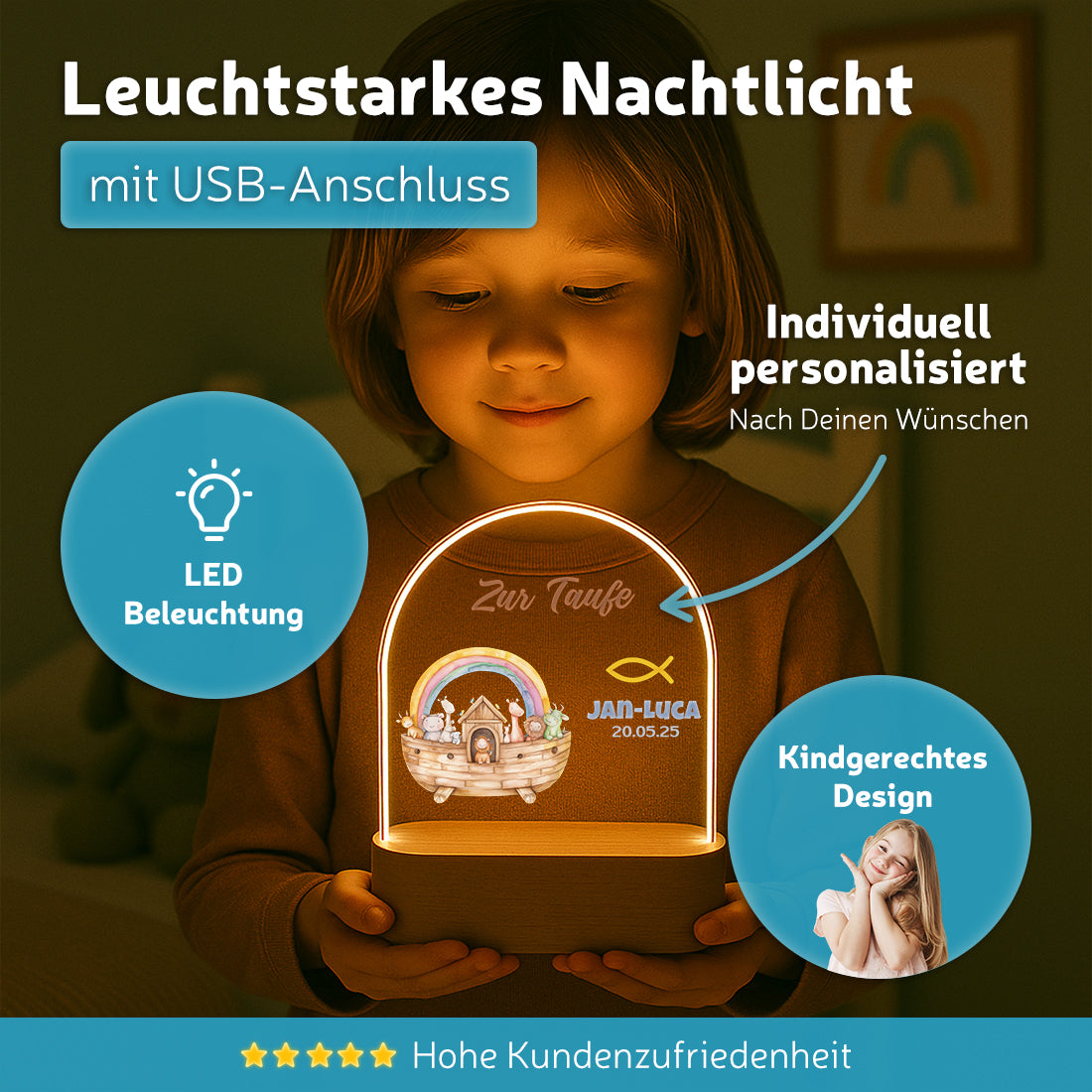 Nachtlicht mit individueller Namensgravur mit Motiv Arche Noah zur Taufe