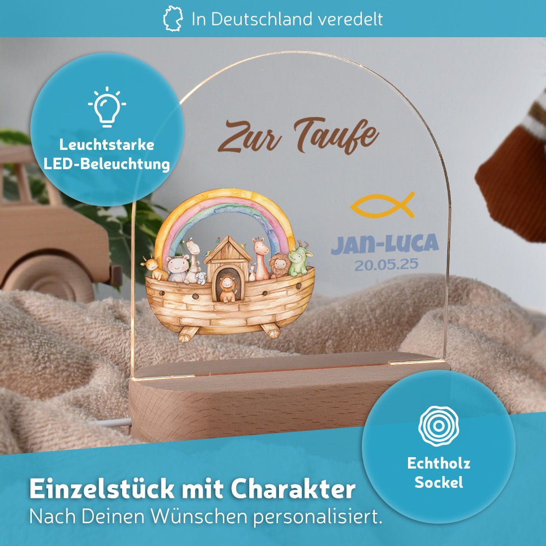 LED-Kinderzimmerlampe auf Echtholz-Sockel mit Motiv Arche Noah zur Taufe