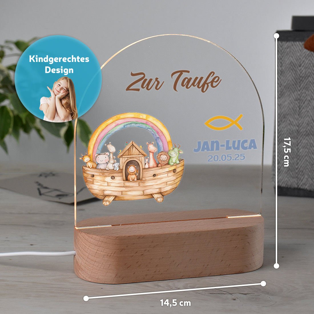 Personalisiertes Nachtlicht Größenangabe mit Motiv Arche Noah zur Taufe