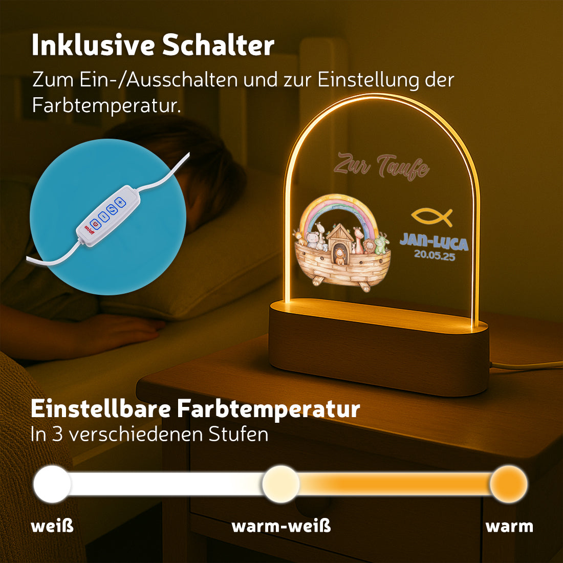 LED-Nachtlicht verschiedene Lichtmodi mit Motiv Arche Noah zur Taufe