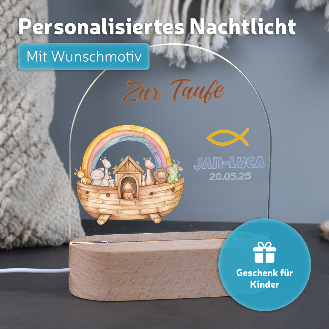 Personalisiertes Nachtlicht leuchtend mit Wunschmotiv Arche Noah zur Taufe