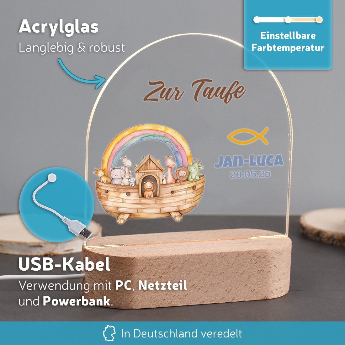 Personalisiertes LED-Nachtlicht Vorteile mit Motiv Arche Noah zur Taufe